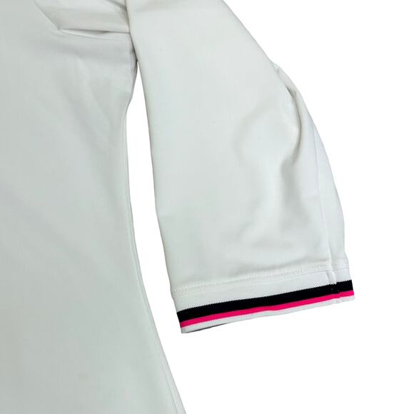 Peter MIllar White 1/4 Button Elbow Sleeve Polo Shirt Pink Blue Striped Trim - Picture 4 of 8